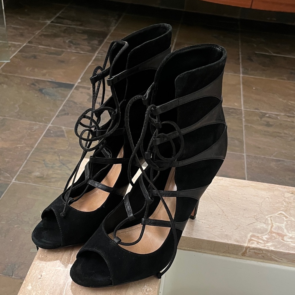 SCHUTZ Black Strappy Heeled Boots